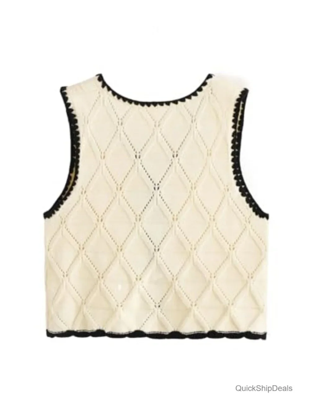 Crochet Knit Sweater Vest Bow Tie V-Neck Sleeveless Contrast Binding Top